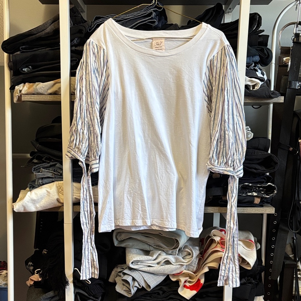 Cinq a Sept White T-Shirt with Contract Striped Blue Sleeves